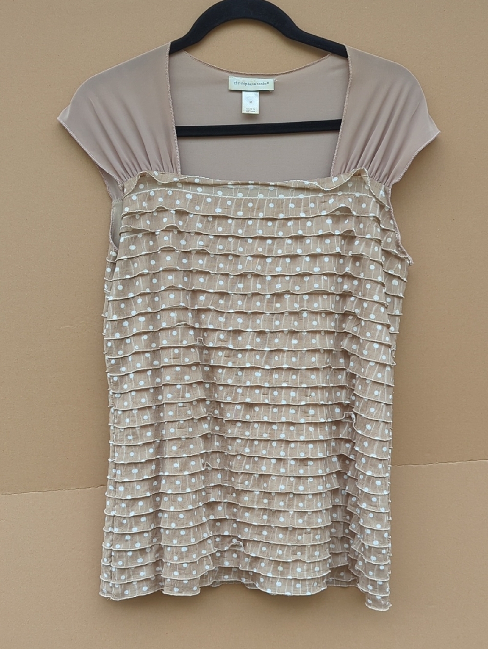 Christopher & Banks Polka Dots Ruffle Layered Blouse Tan Sleeveless Tiered M